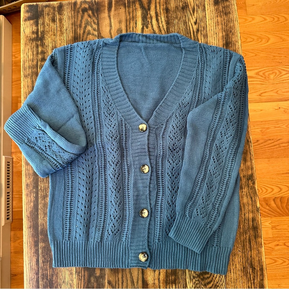 Open Knit Drop Shoulder Cardigan in Teal Size Medium - Picture 8 of 10